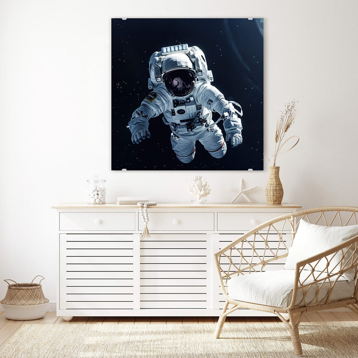 Echtglas, 4 mm – kein Acryl, keine Folie – Wandbild - Schwebender Astronaut - Quadratisch