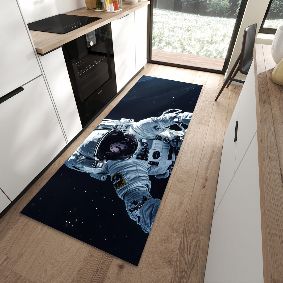 Formstabiler rutschfester Küchenteppich mit Motiv Astronaut im All in moderner Küche #grösse_90 x 240 cm