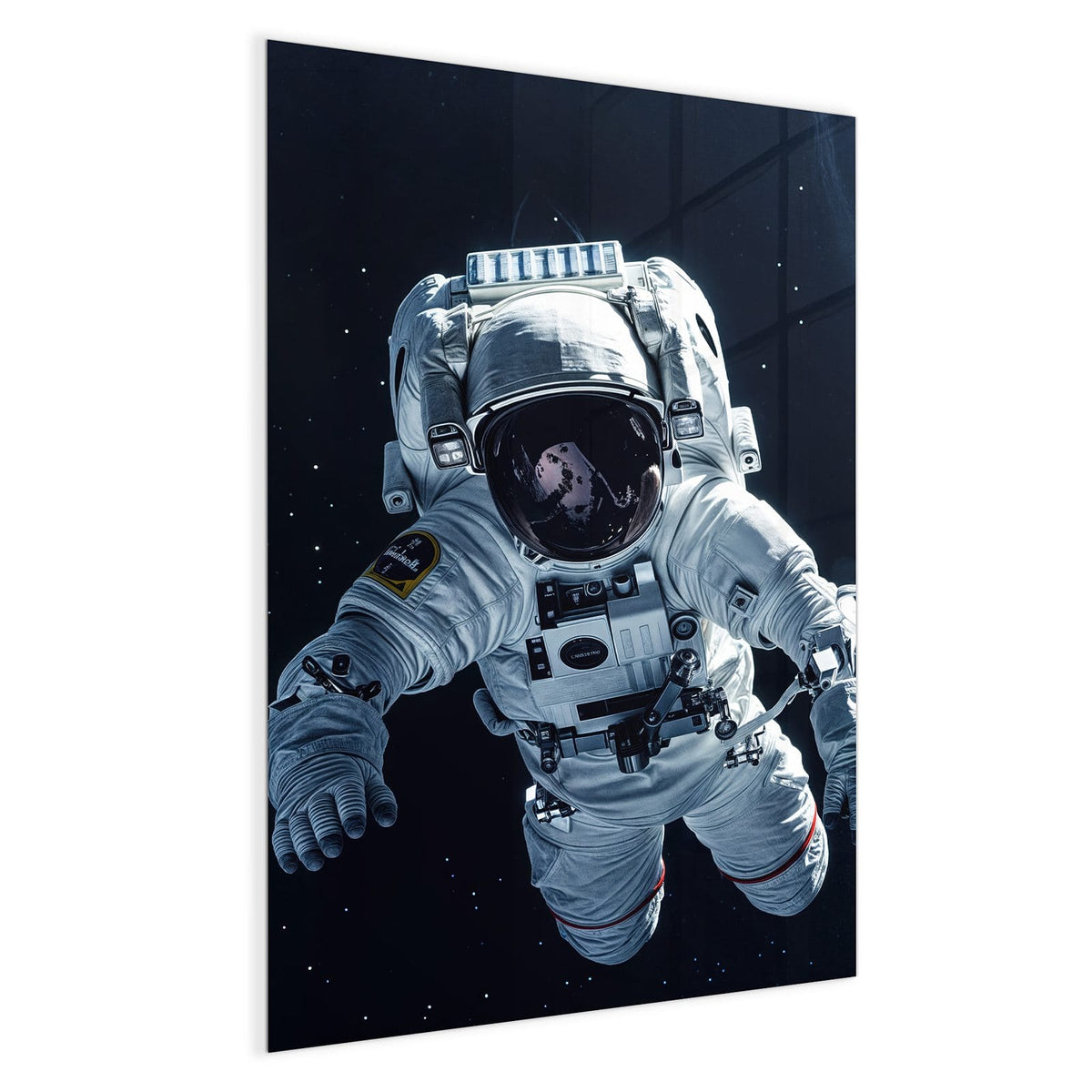 Astronaut im weißen Anzug schwebt frei vor schwarzem Sternenhimmel