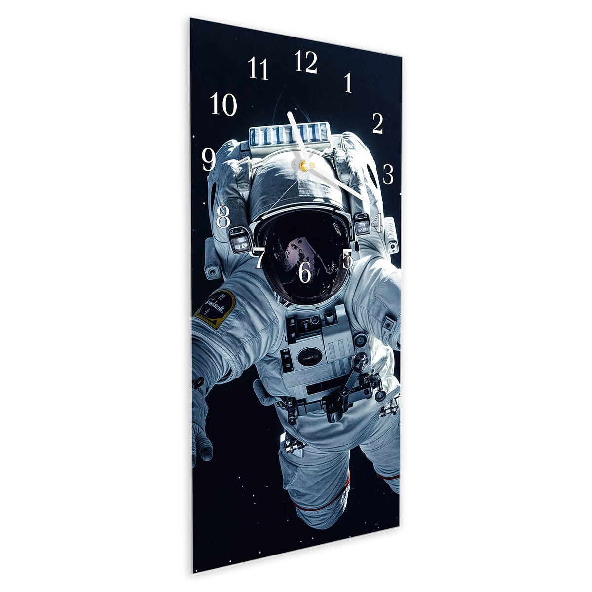 Vormontiert – mit Schwebeeffekt – Wanduhr Astronaut im All aus Glas – Hochformat 30 × 60 cm