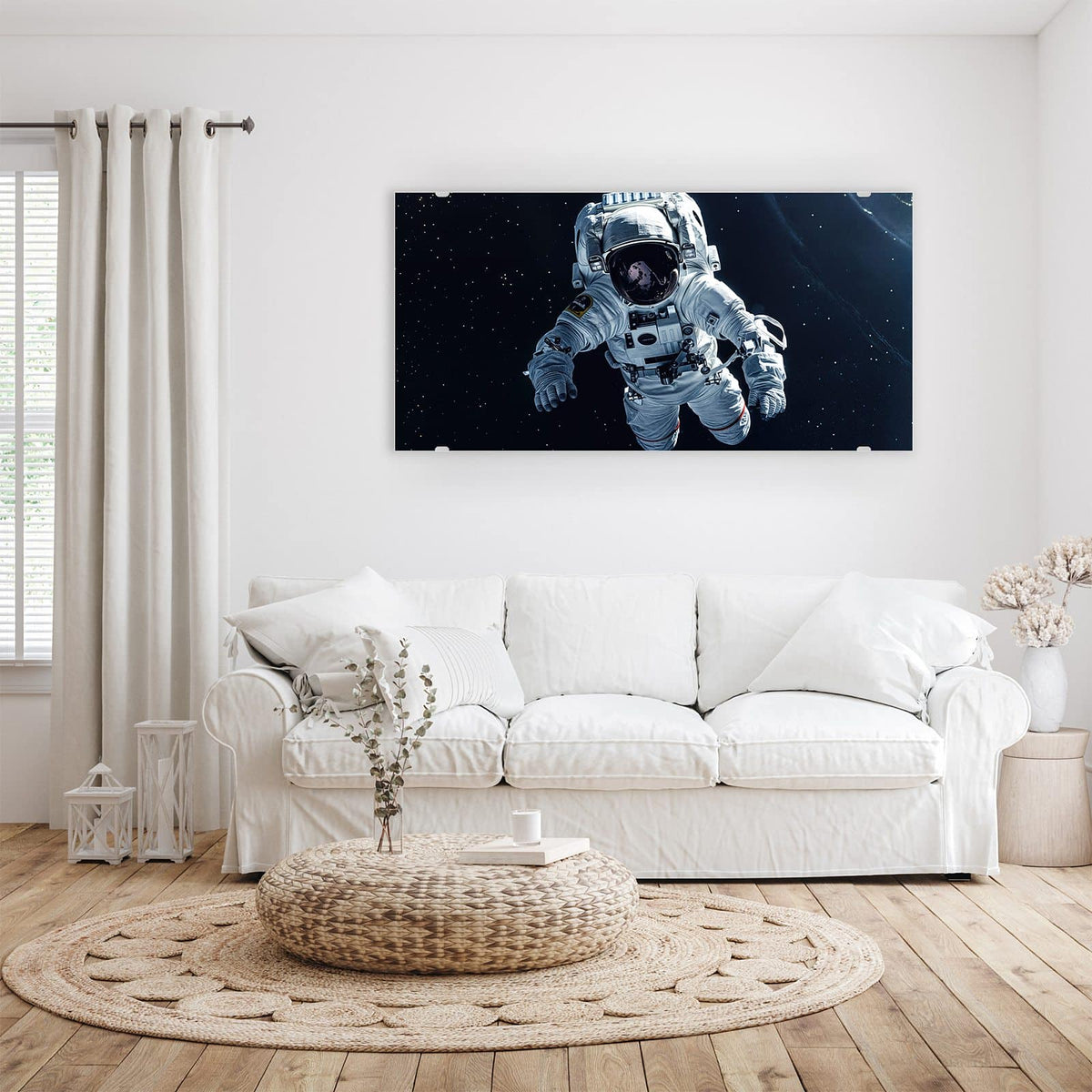 Wandbild - Schwebender Astronaut - Querformat – Schwebender Astronaut im weißen Anzug