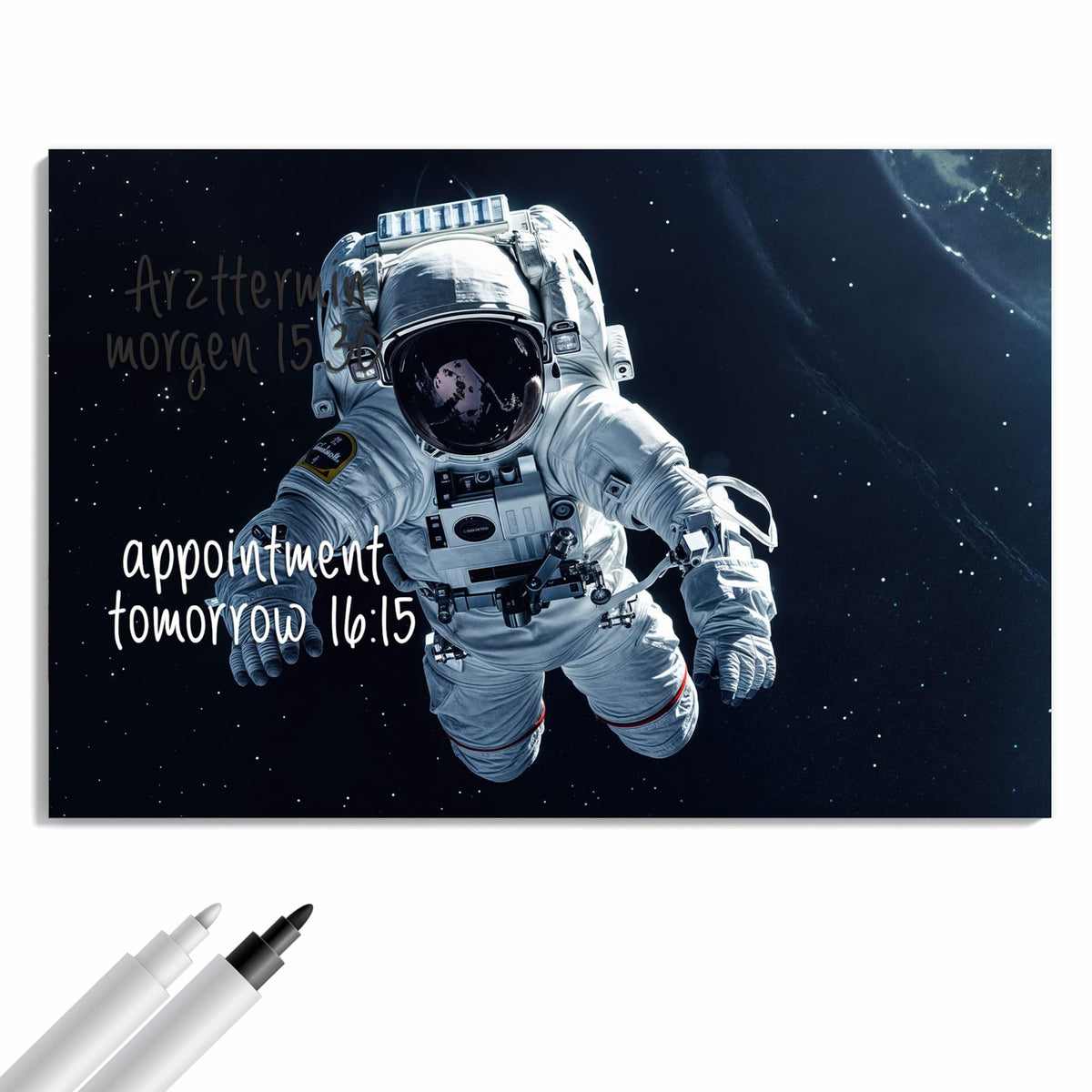 Beschreiben, abwischen, anheften – Metall Magnettafel - Schwebender Astronaut