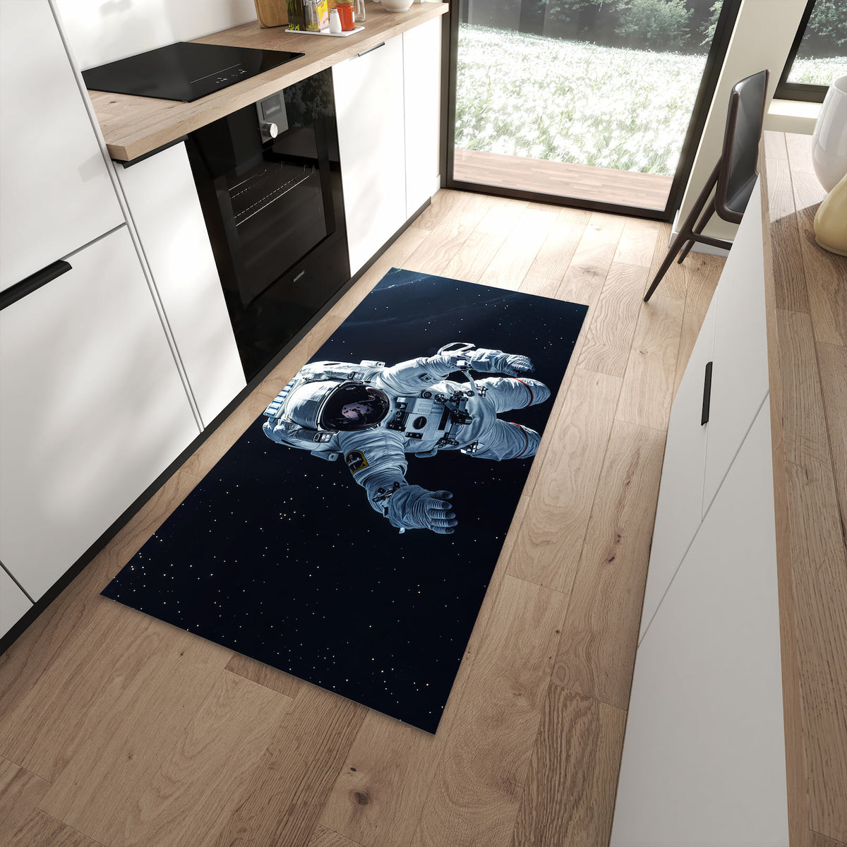 Farbbeständiger dünner Teppich mit Motiv Astronaut im All in moderner Küche #grösse_90 x 180 cm