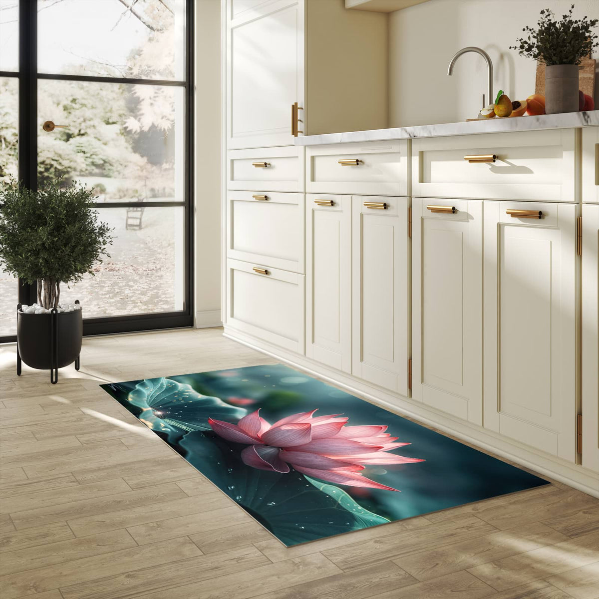 Langlebiger Küchenteppich mit Motiv Lotuszauber in heller Küche