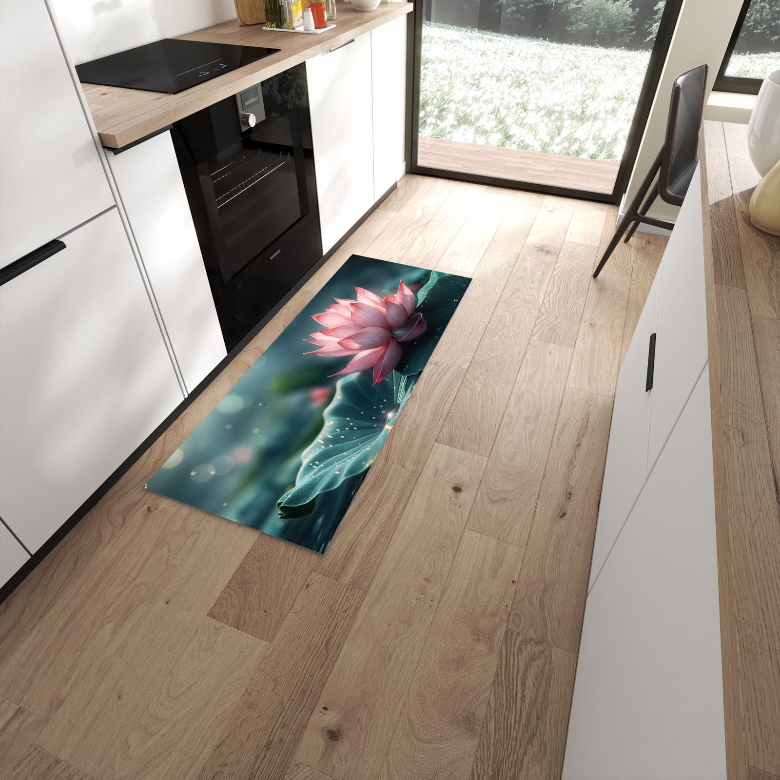 Rutschfester Küchenläufer mit Motiv Lotuszauber in moderner Küche #grösse_60 x 150 cm