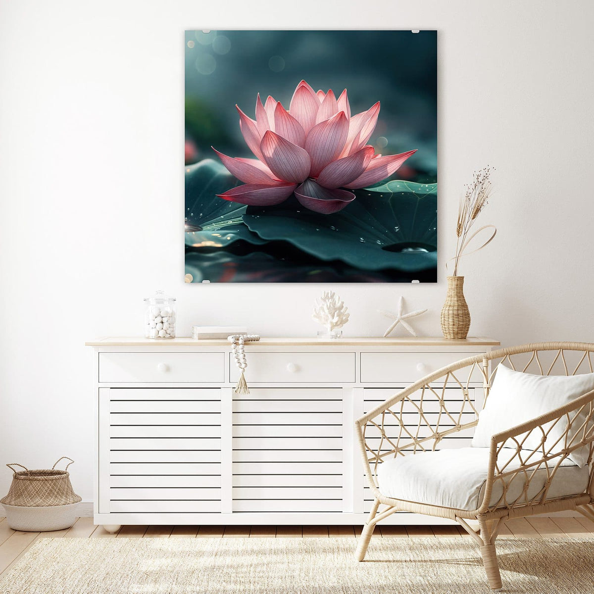 Echtglas, 4 mm – kein Acryl, keine Folie – Wandbild - Rosa Lotusblüte - Quadratisch