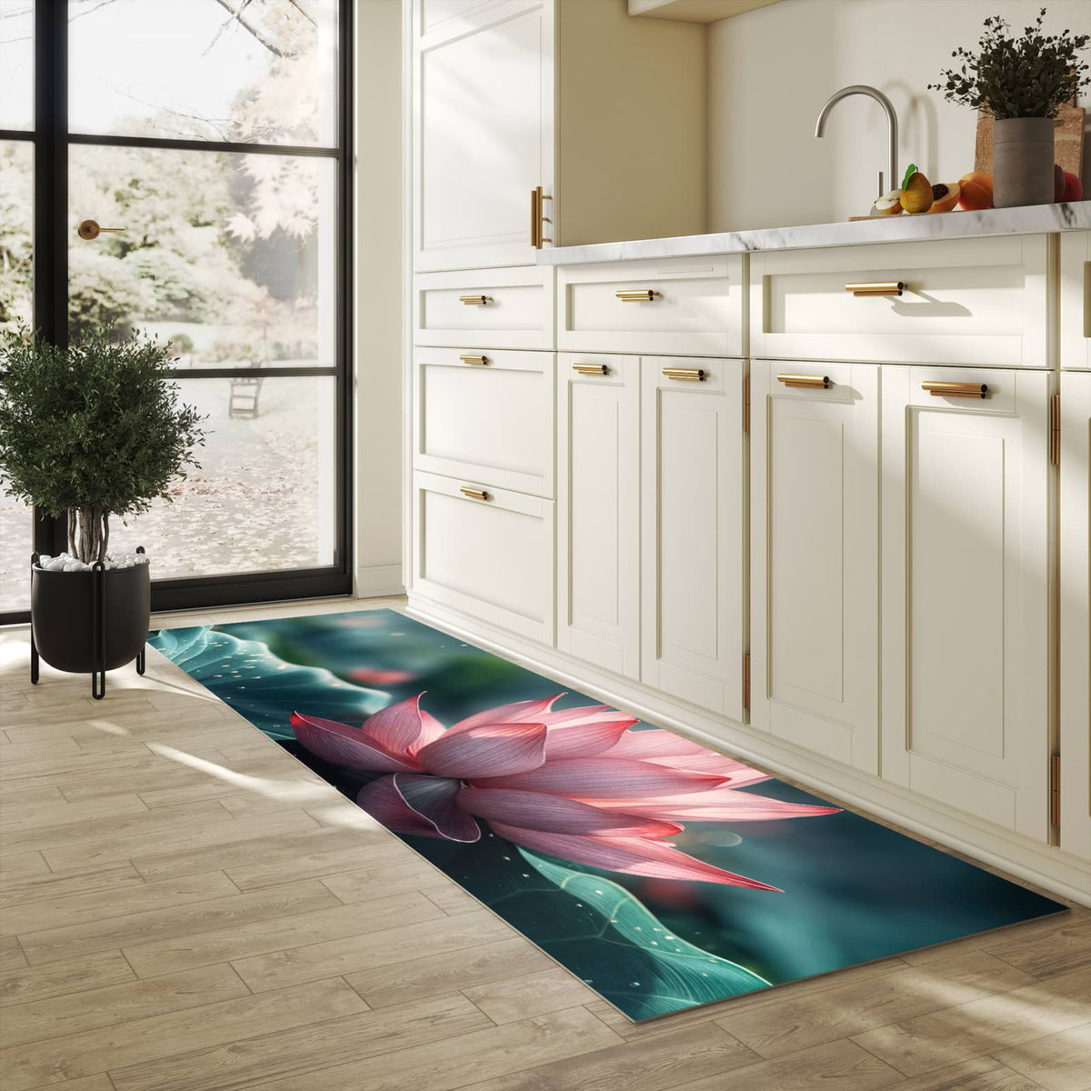 Strapazierfähiger Küchenteppich mit Motiv Lotuszauber in heller Küche