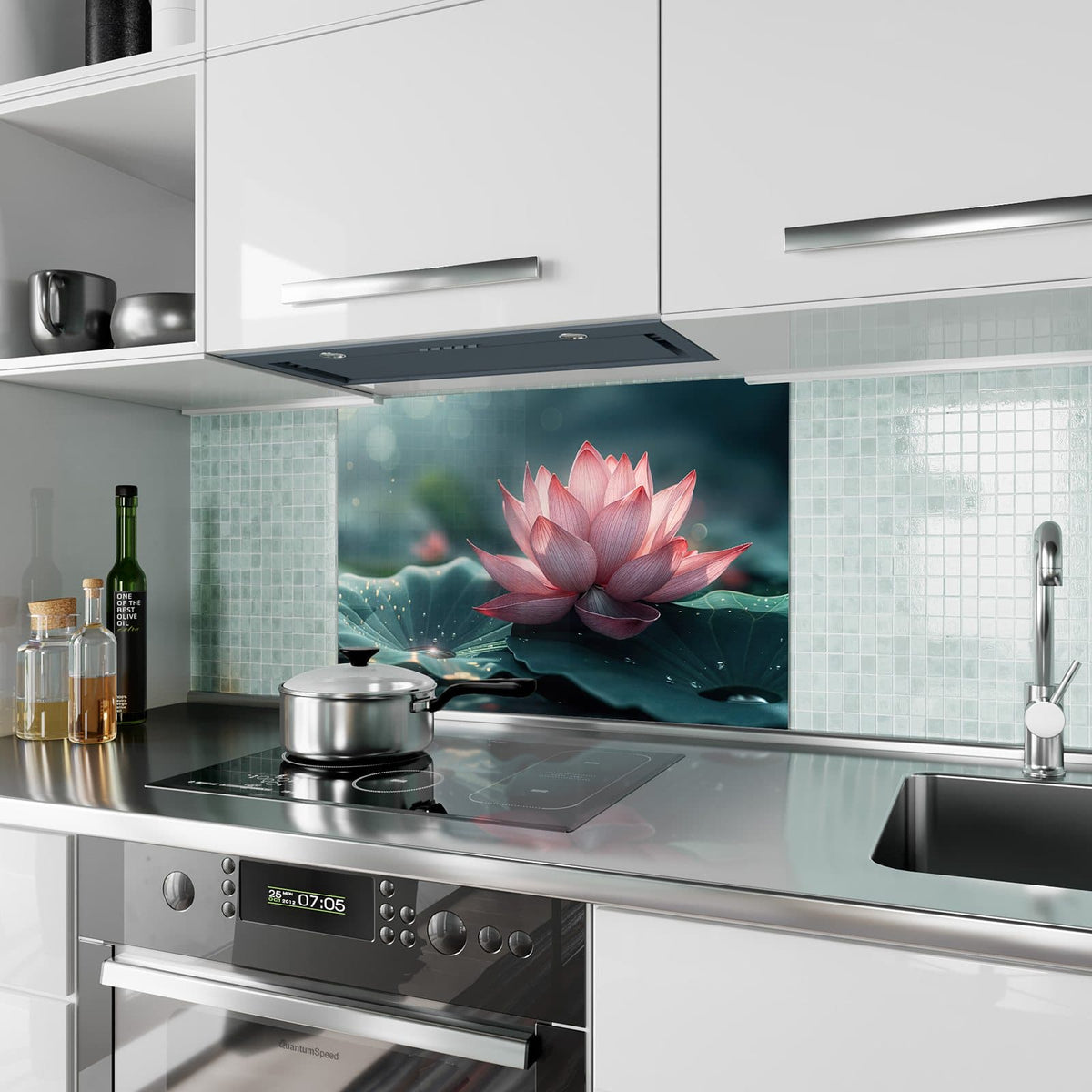 Küchenrückwand aus Glas Rosa Lotusblüte im Hochformat als Spritzschutz hinter dem Kochfeld, über dem Fliesenspiegel montiert