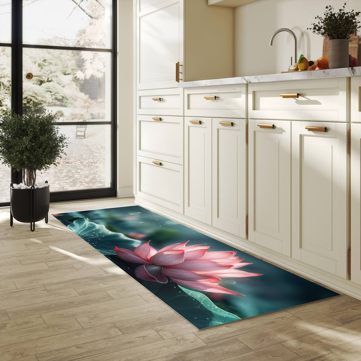 Hygienischer Küchenteppich mit Motiv Lotuszauber in heller Küche - abwaschbar