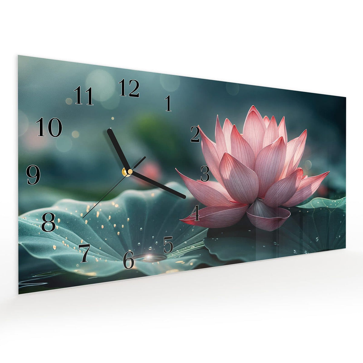 Vormontiert – mit Schwebeeffekt – Wanduhr Lotuszauber aus Glas – Querformat 60 × 30 cm