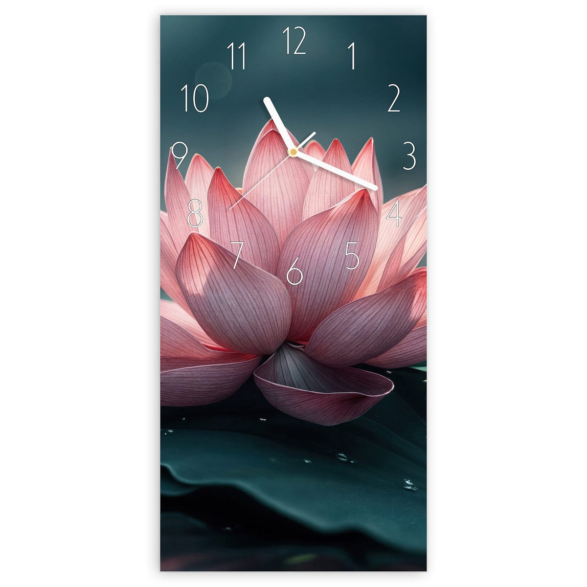 Wanduhr aus Glas, Ziffernblatt Elegant: Rosa Lotusblüte auf einem Seerosenblatt über dunklem Wasser. #ziffernblatt_Elegant