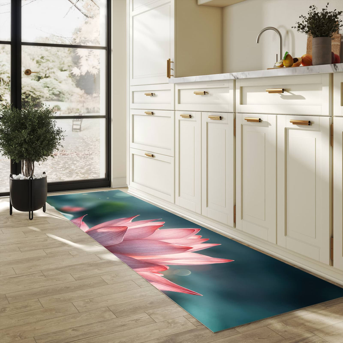 Waschbarer Küchenteppich mit Motiv Lotuszauber in heller Küche