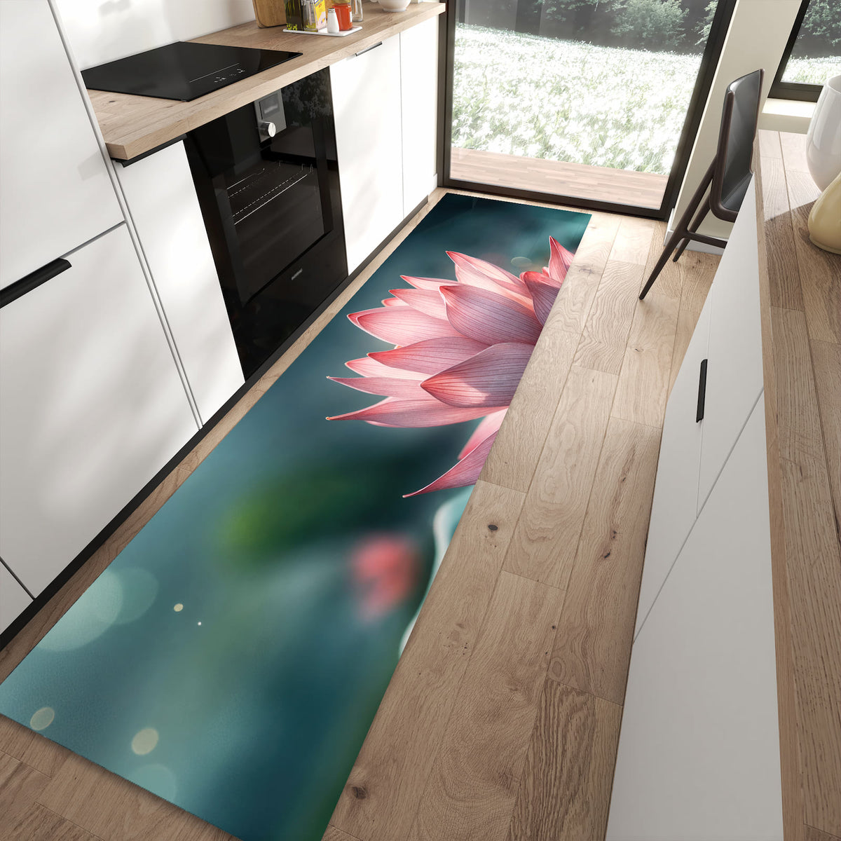 Bodenschonender langer Teppich mit Motiv Lotuszauber in moderner Küche