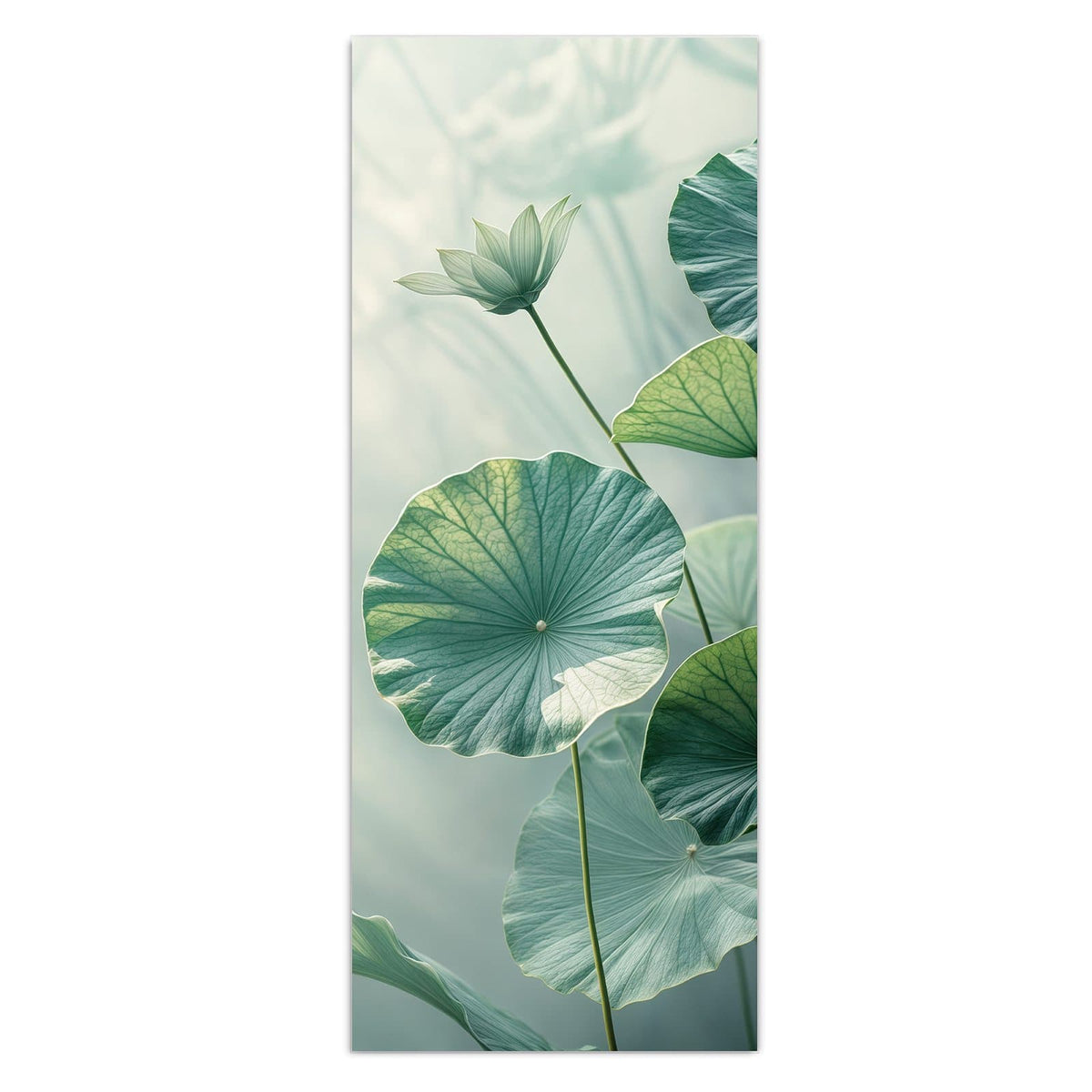 Wandbild - Lotusblätter in Grün - Hochformat – Runde Lotusblätter mit weißer Blüte