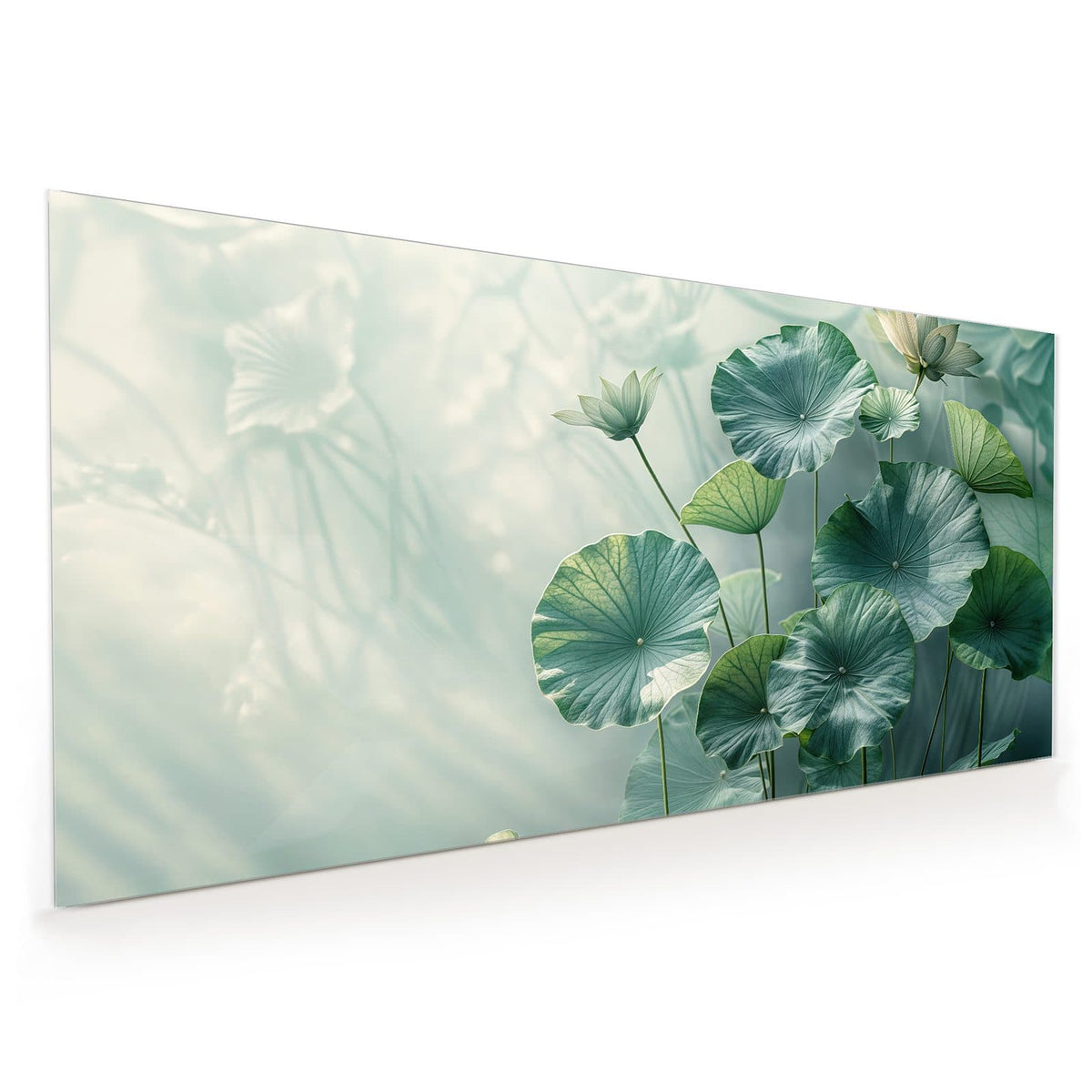 Küchenrückwand aus Glas im Hochformat mit Motiv Lotusblätter in Grün: Große runde Lotusblätter in Blaugrün, dazu eine weiße Lotusblüte