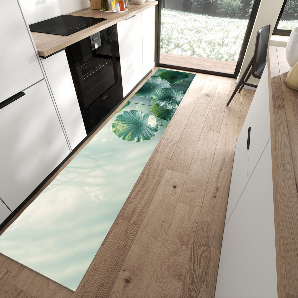 13 Größen – von 60 × 90 bis 80 × 300 cm – Küchenläufer - Lotusblätter in Grün
