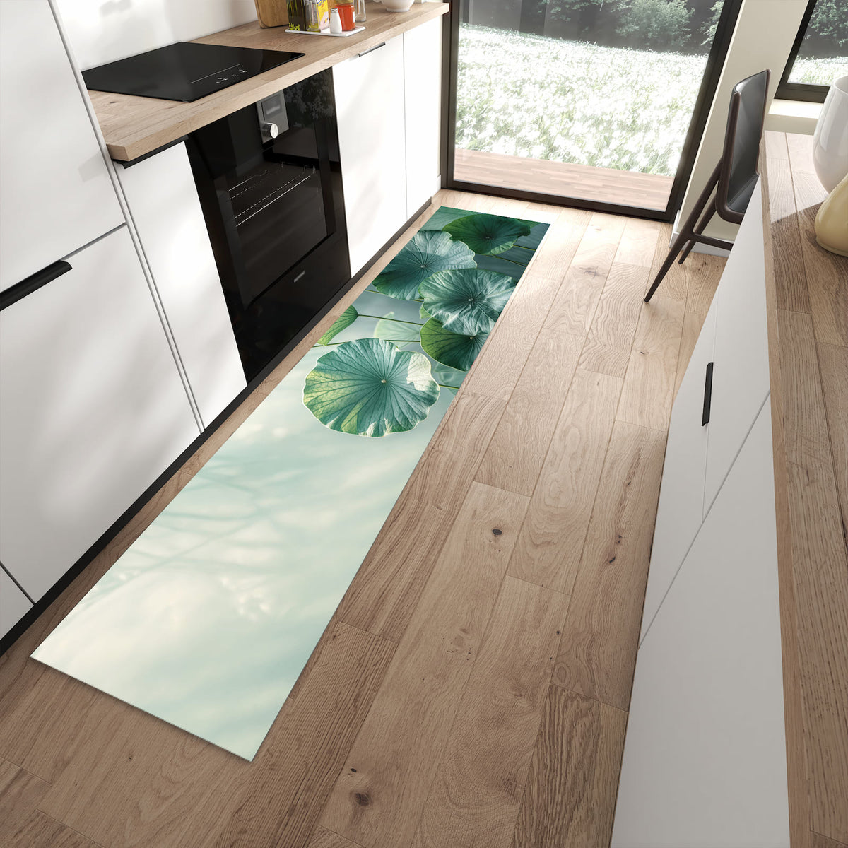 UV-beständiger Küchenteppich mit Motiv Lotusblätter Grün in moderner Küche