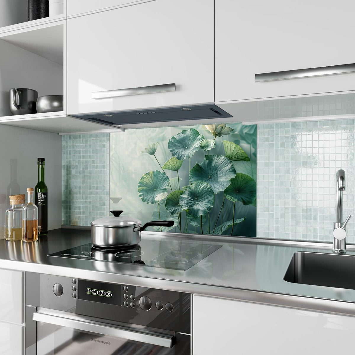 Küchenrückwand aus Glas Lotusblätter in Grün im Hochformat als Spritzschutz hinter dem Kochfeld, über dem Fliesenspiegel montiert