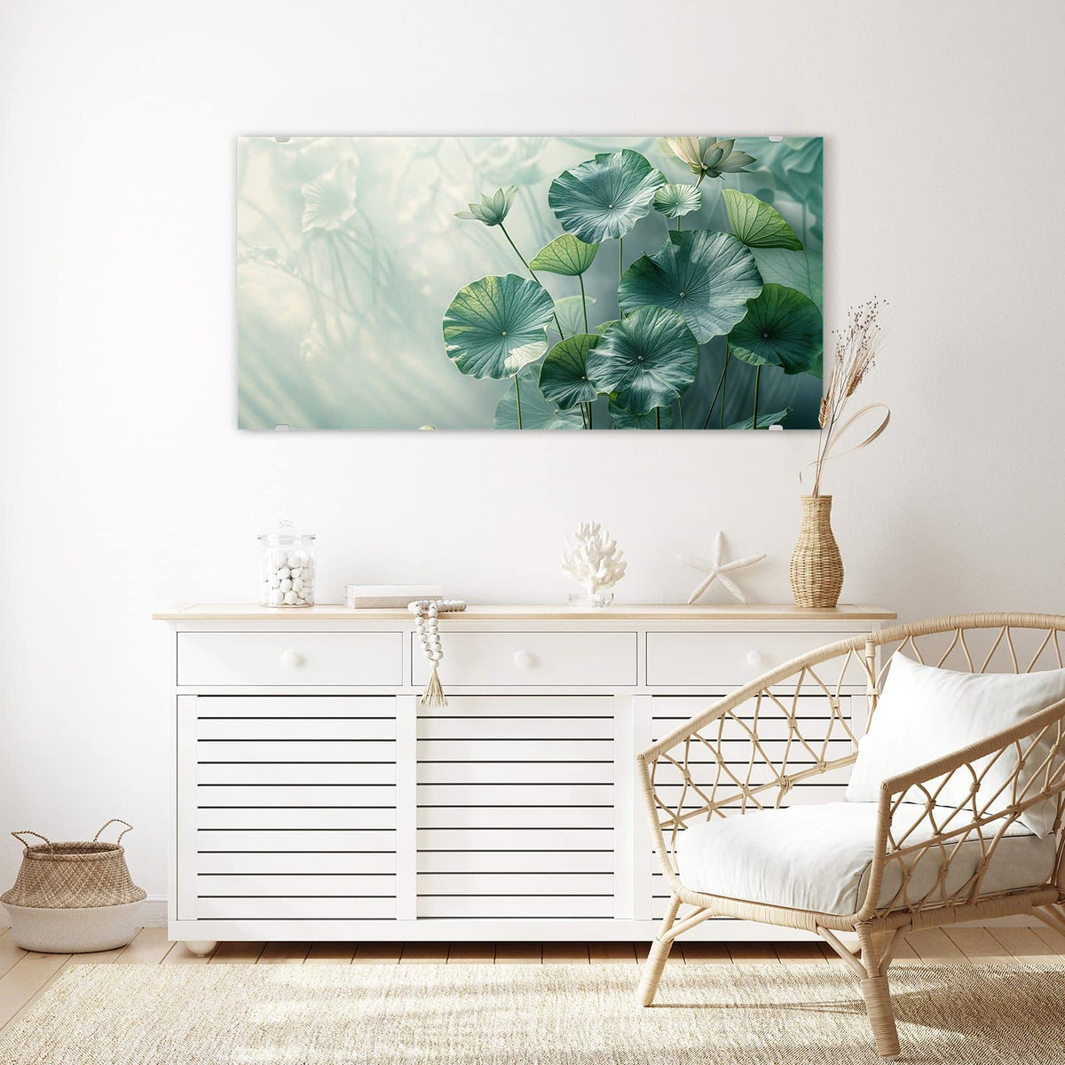 Echtglas, 4 mm – kein Acryl, keine Folie – Wandbild - Lotusblätter in Grün - Querformat