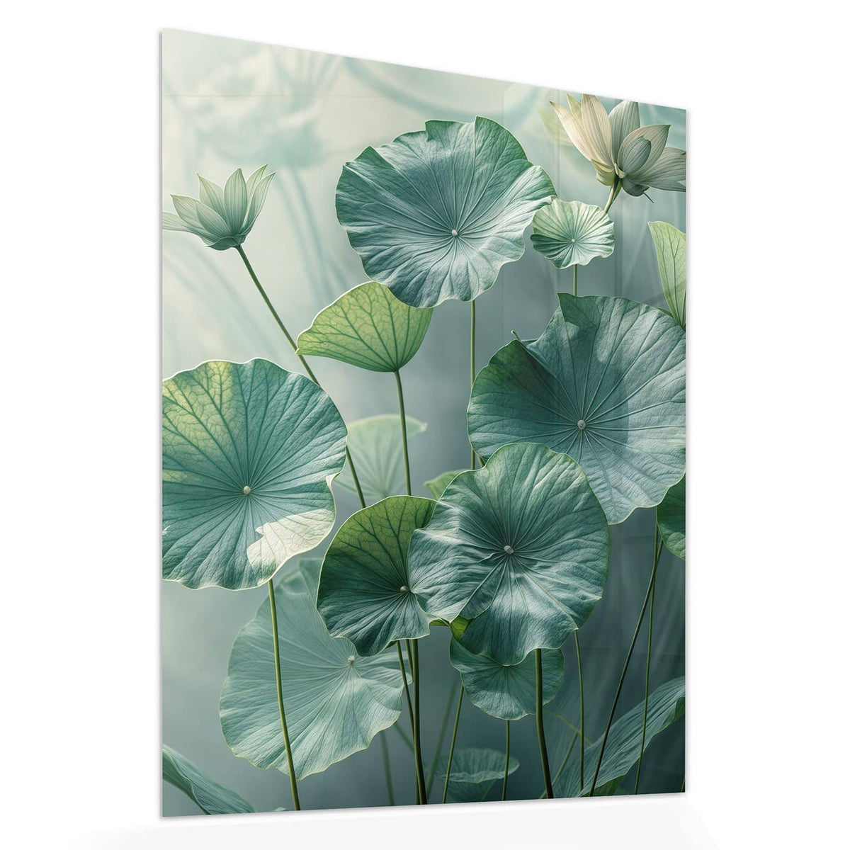 Echtglas, 4 mm – kein Acryl, keine Folie – Wandbild - Lotusblätter in Grün - Hochformat