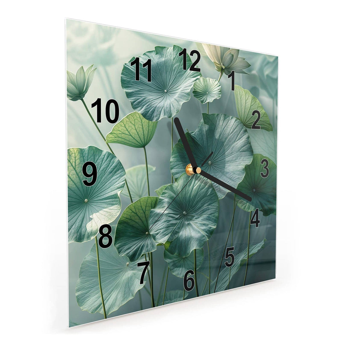Vormontiert – mit Schwebeeffekt – Wanduhr Lotusblätter Grün aus Glas – Quadratisch 30 × 30 cm