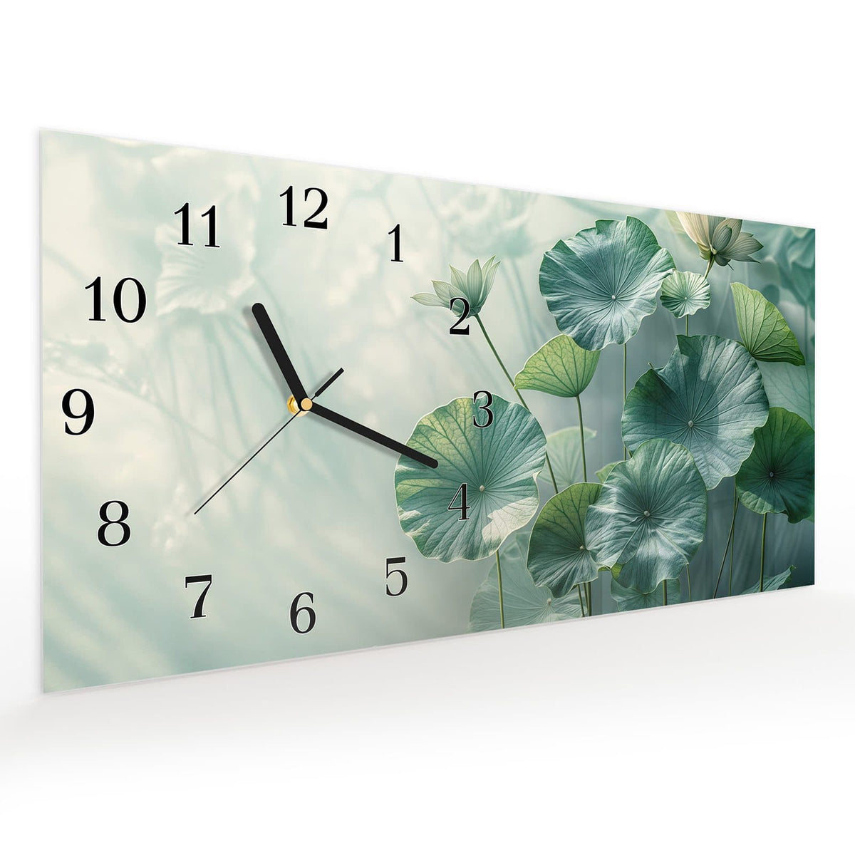 Vormontiert – mit Schwebeeffekt – Wanduhr Lotusblätter Grün aus Glas – Querformat 60 × 30 cm