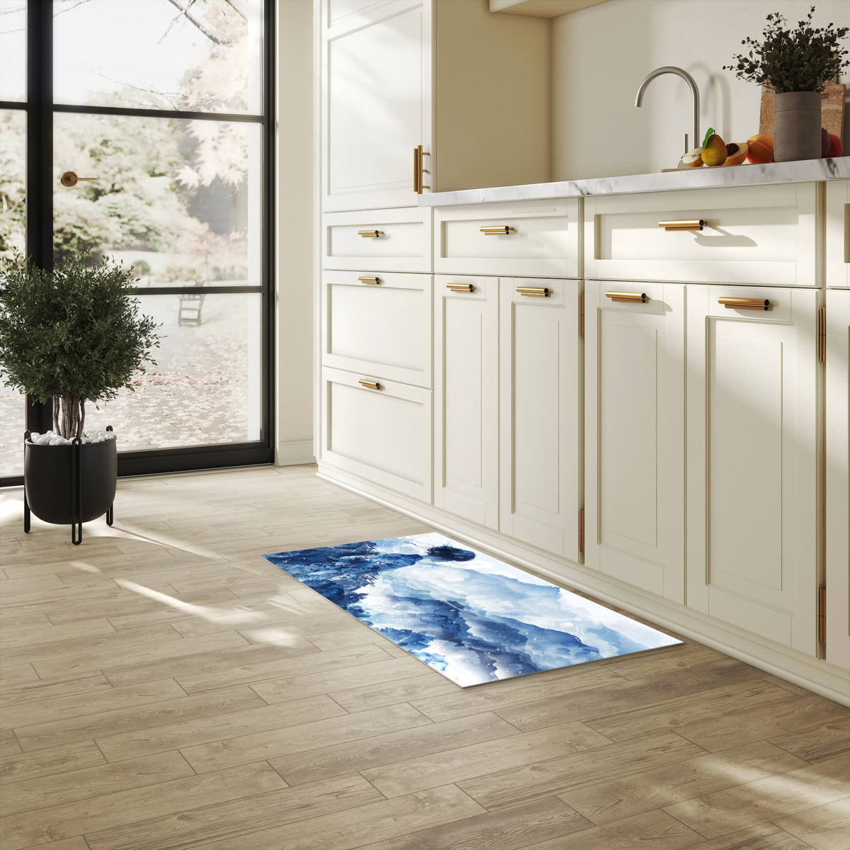 Flacher Küchenläufer mit Motiv Asiatische Landschaft in heller Küche für lange Teppiche
