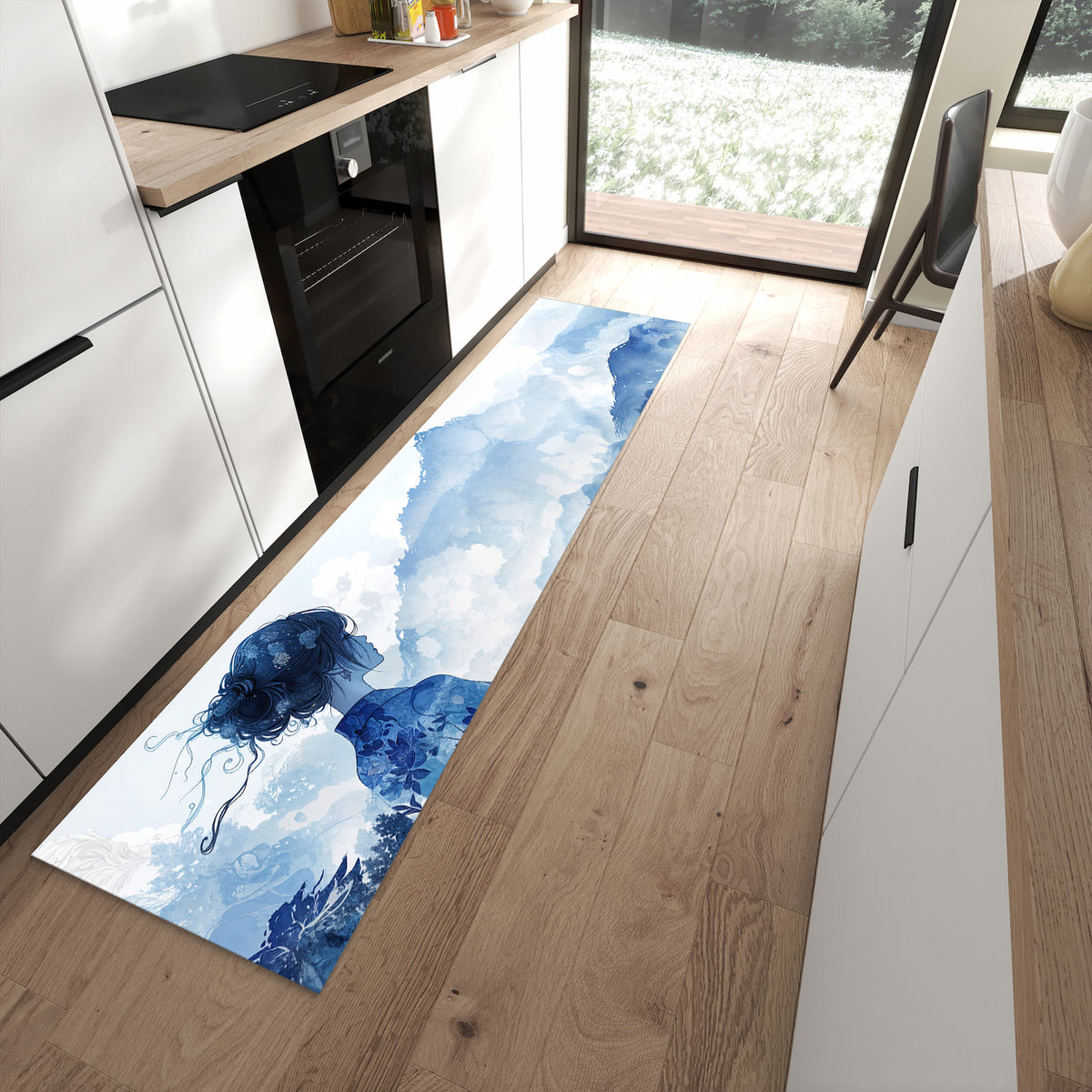 Strapazierfähiger Küchenläufer mit Motiv Asiatische Landschaft in moderner Küche