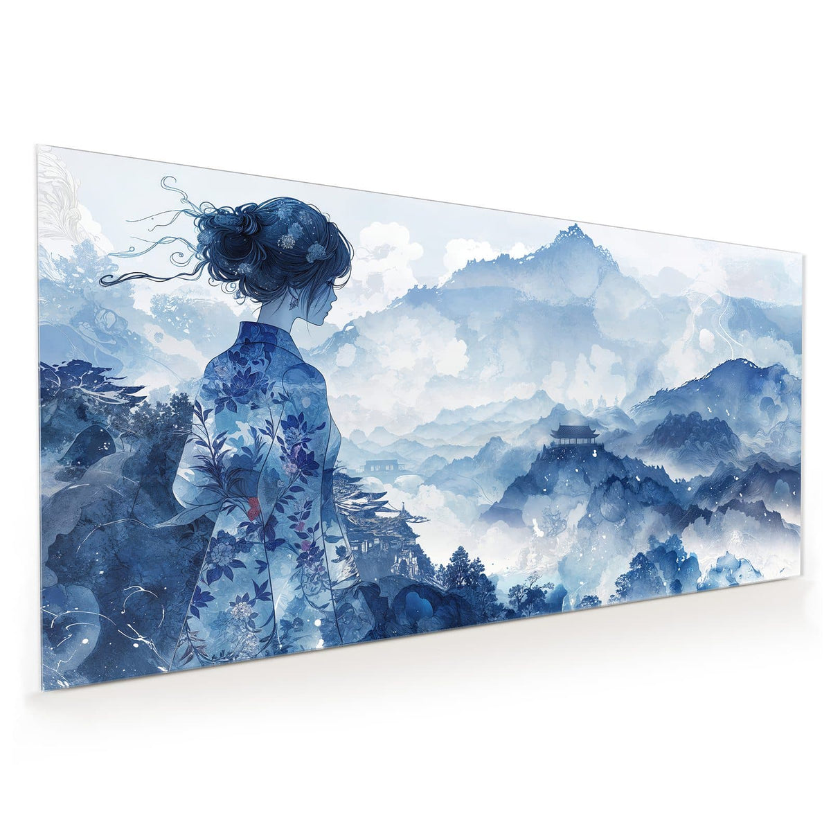 Küchenrückwand aus Glas im Hochformat: Frau im blau gemusterten Kimono blickt von hinten auf eine nebelige Berglandschaft mit Pagode