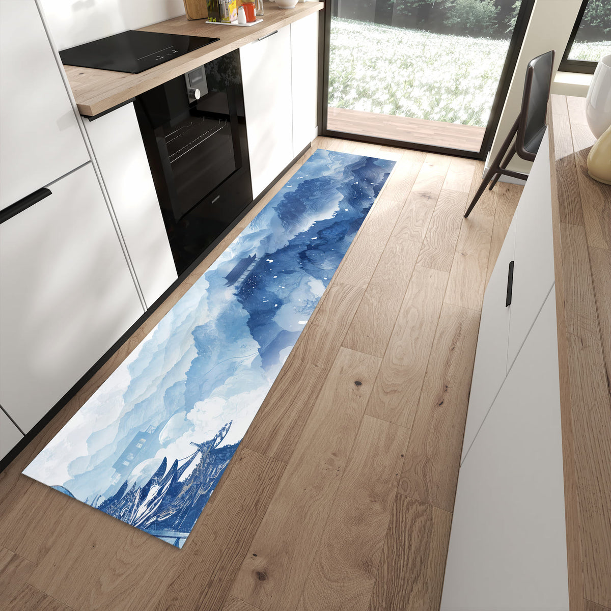 Waschbarer Küchenläufer mit Motiv Asiatische Landschaft in moderner Küche