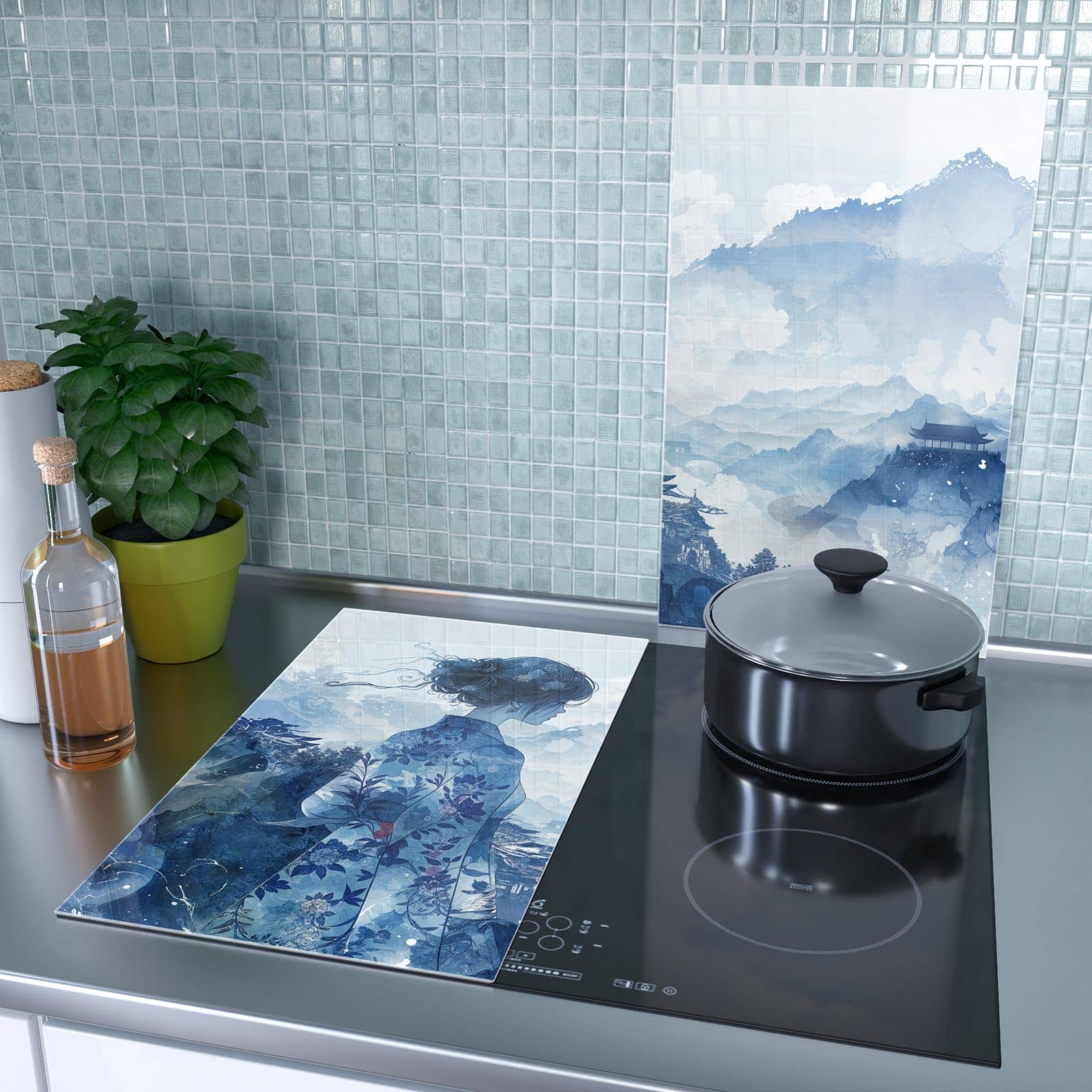 2-teilige Herdabdeckplatte mit Asiatische Landschaft-Motiv als Spritzschutz hinter dem Kochfeld