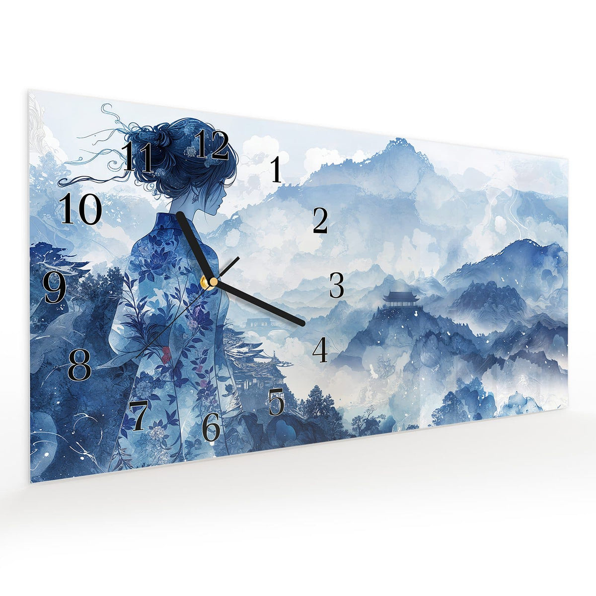 Vormontiert – mit Schwebeeffekt – Wanduhr Asiatische Landschaft aus Glas – Querformat 60 × 30 cm