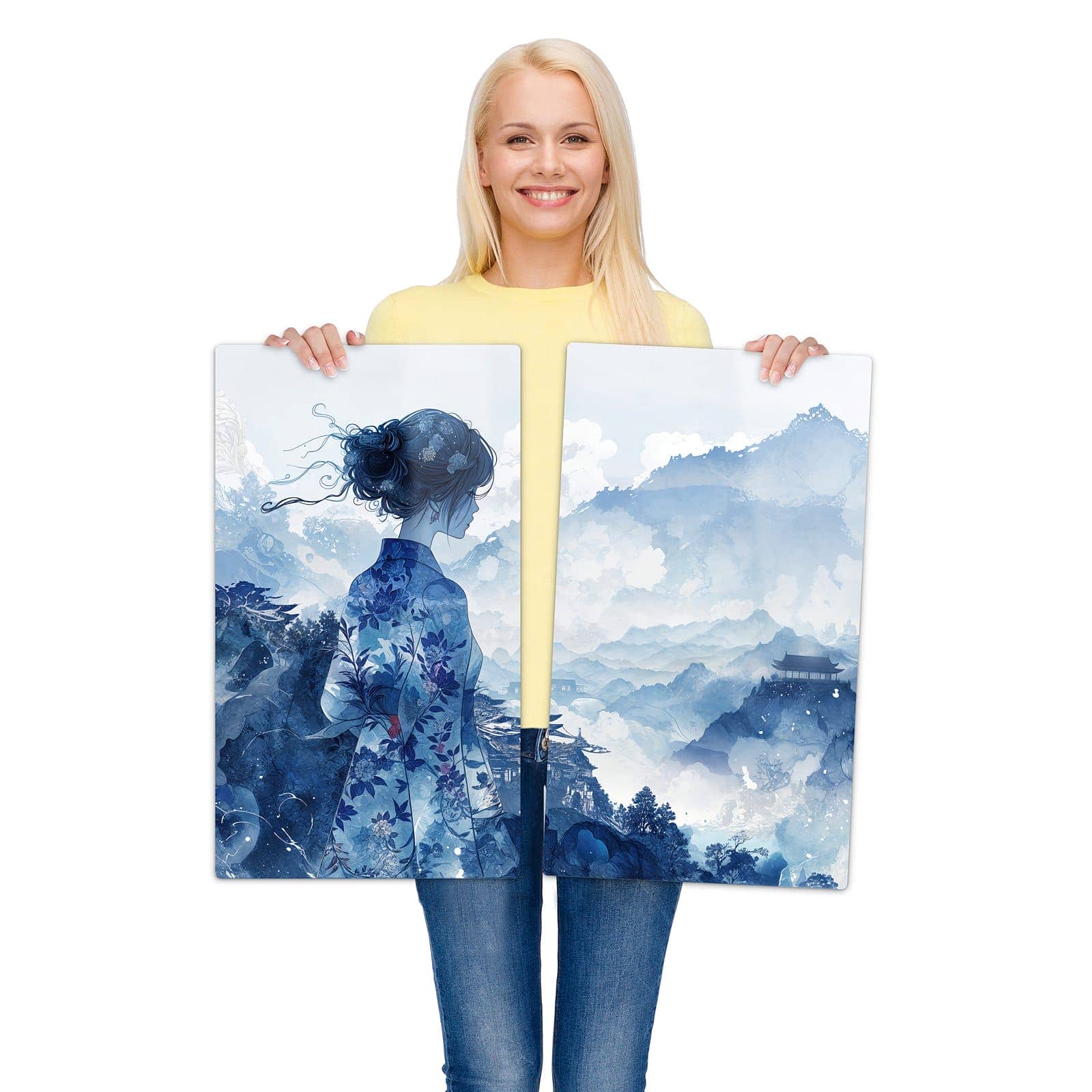 2-teilige Abdeckplatten für Ceranfeld mit Asiatische Landschaft-Motiv wird zur Größendarstellung gehalten