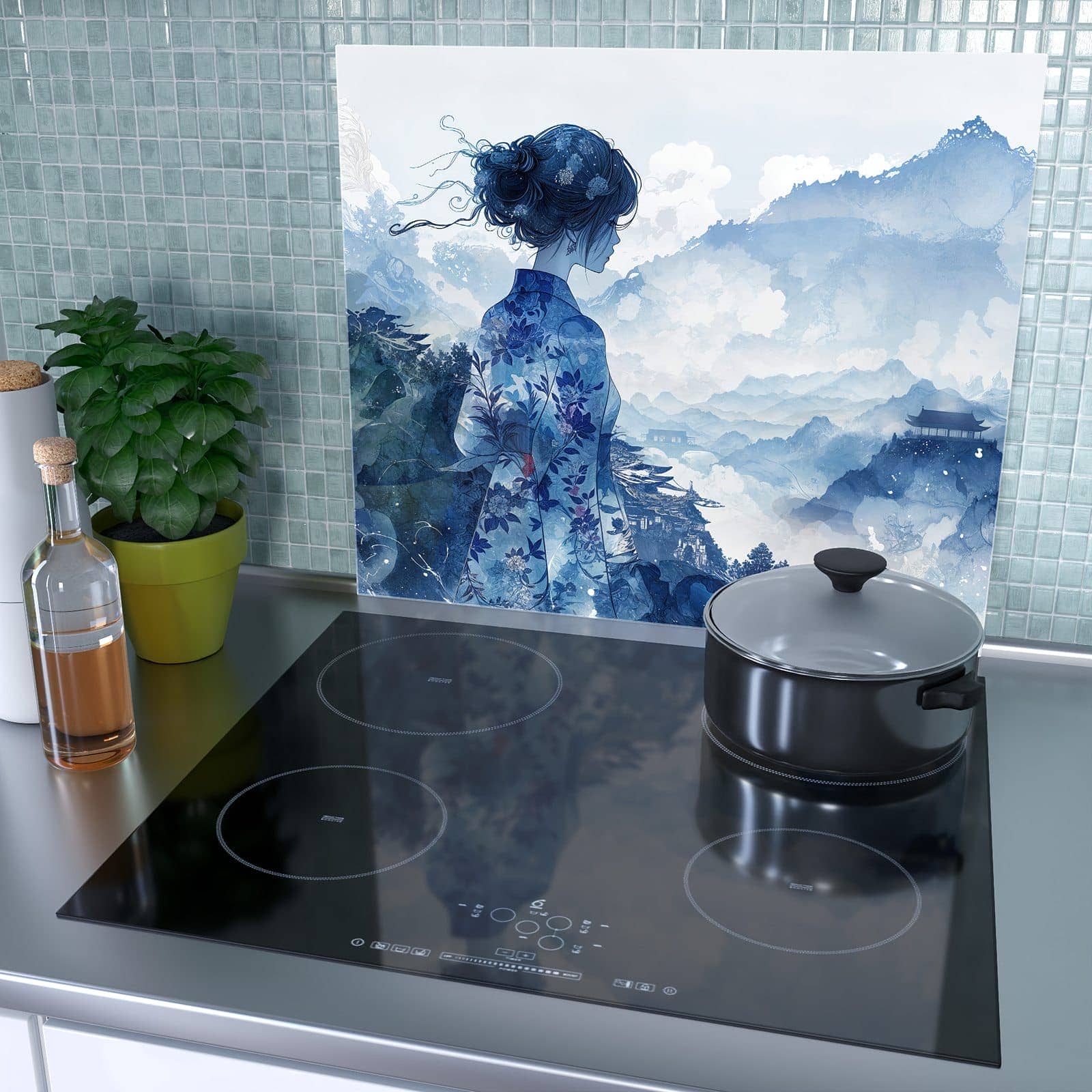 1-teilige Abdeckplatten für Herd mit Asiatische Landschaft-Motiv als Spritzschutz hinter dem Kochfeld