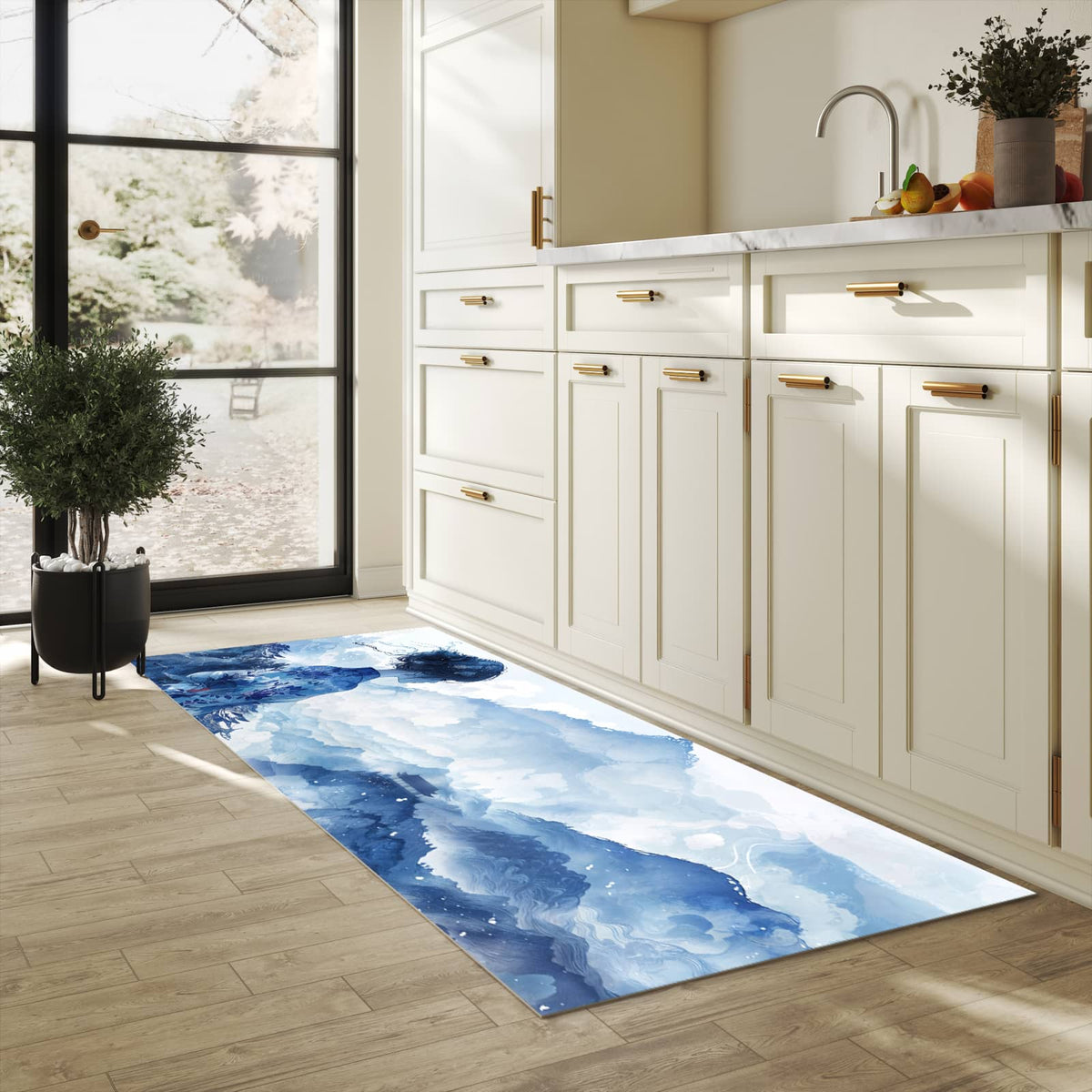 Bodenschonender Küchenteppich mit Motiv Asiatische Landschaft in heller Küche