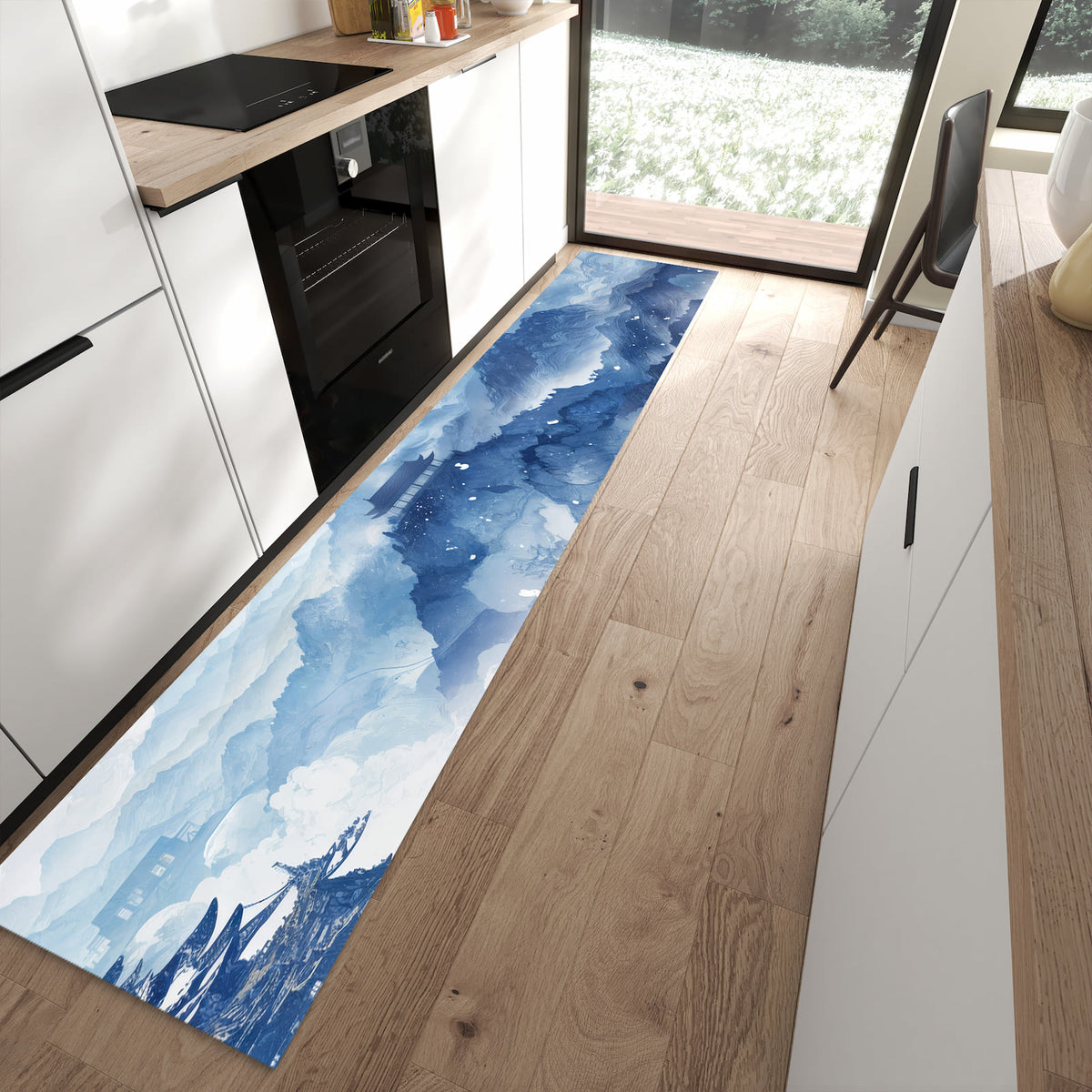 Langlebiger Küchenläufer mit Motiv Asiatische Landschaft in moderner Küche