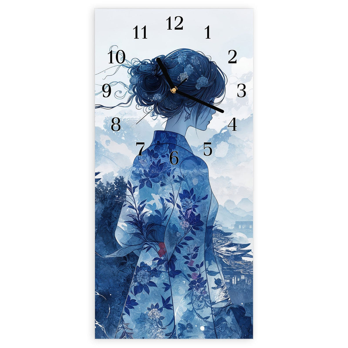 Wanduhr aus Glas, Ziffernblatt Klassisch: Frau im blau gemusterten Kimono blickt von hinten auf eine nebelige Berglandschaft mit Pagode #ziffernblatt_Klassisch