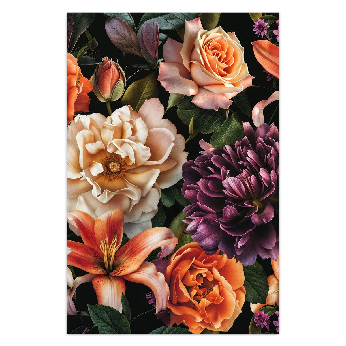 Üppiges Bouquet aus orangen Lilien, Rosen und einer dunkelvioletten Dahlie auf Schwarz.