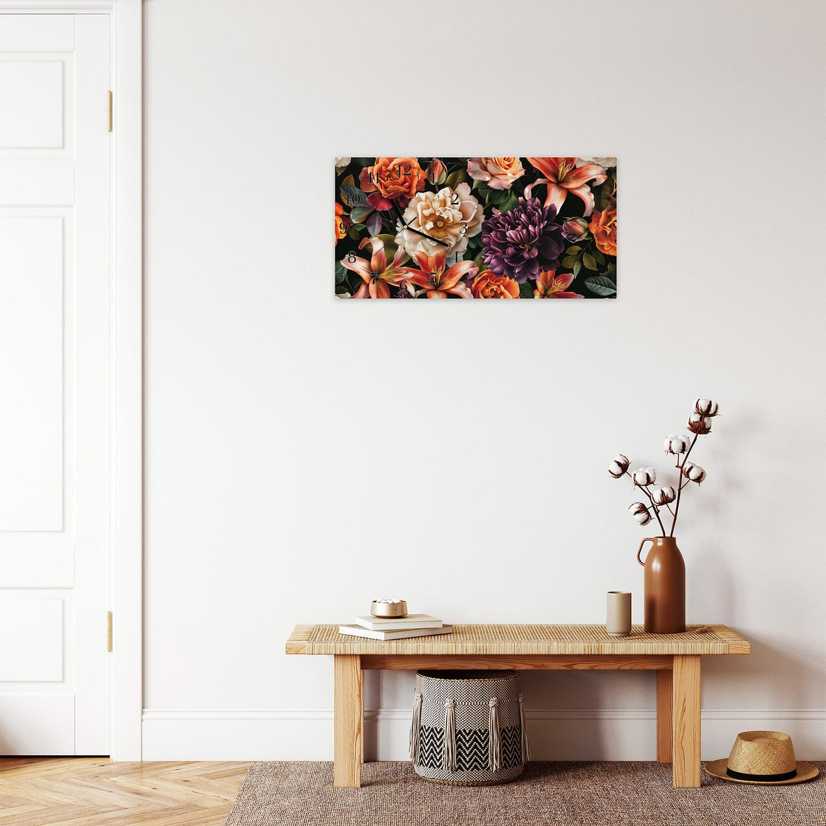 Moderne Wanduhr aus Glas mit Farbtiefe – Wanduhr Blumenpracht aus Glas – Querformat 60 × 30 cm