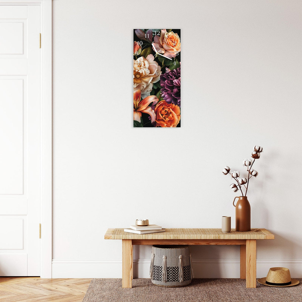 Moderne Wanduhr aus Glas mit Farbtiefe – Wanduhr Blumenpracht aus Glas – Hochformat 30 × 60 cm