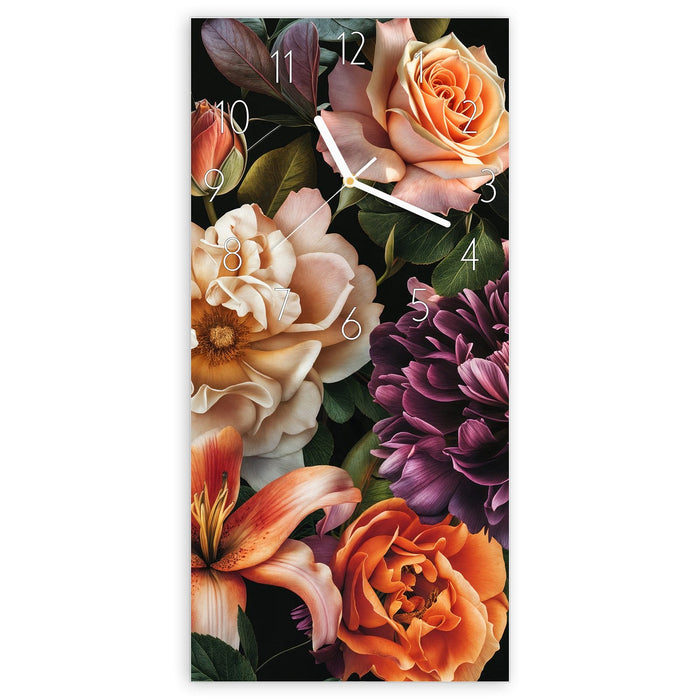 Wanduhr Blumenpracht aus Glas – Hochformat 30 × 60 cm mit Ziffernblatt Elegant