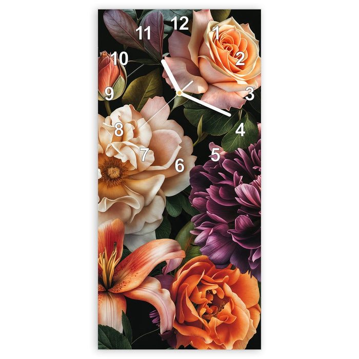 Wanduhr Blumenpracht aus Glas – Hochformat 30 × 60 cm mit Ziffernblatt Modern