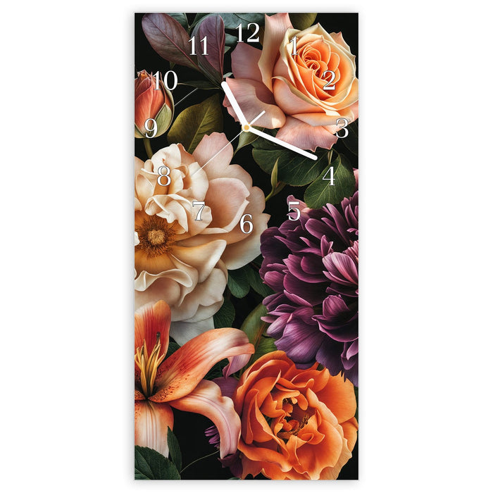 Wanduhr Blumenpracht aus Glas – Hochformat 30 × 60 cm mit Ziffernblatt Klassisch