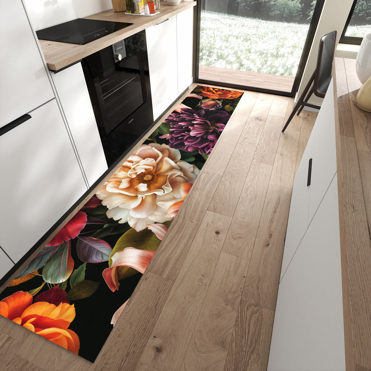 Fleckenresistenter Bodenläufer mit Motiv Blumenpracht in moderner Küche