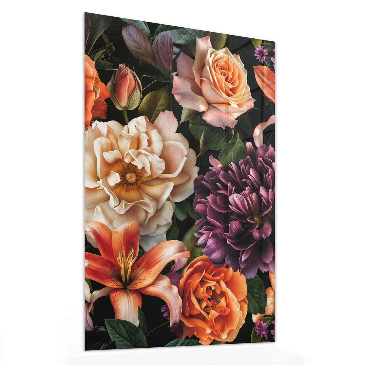 Glasbild Lilien und Rosen von der Seite, 4 mm Echtglas