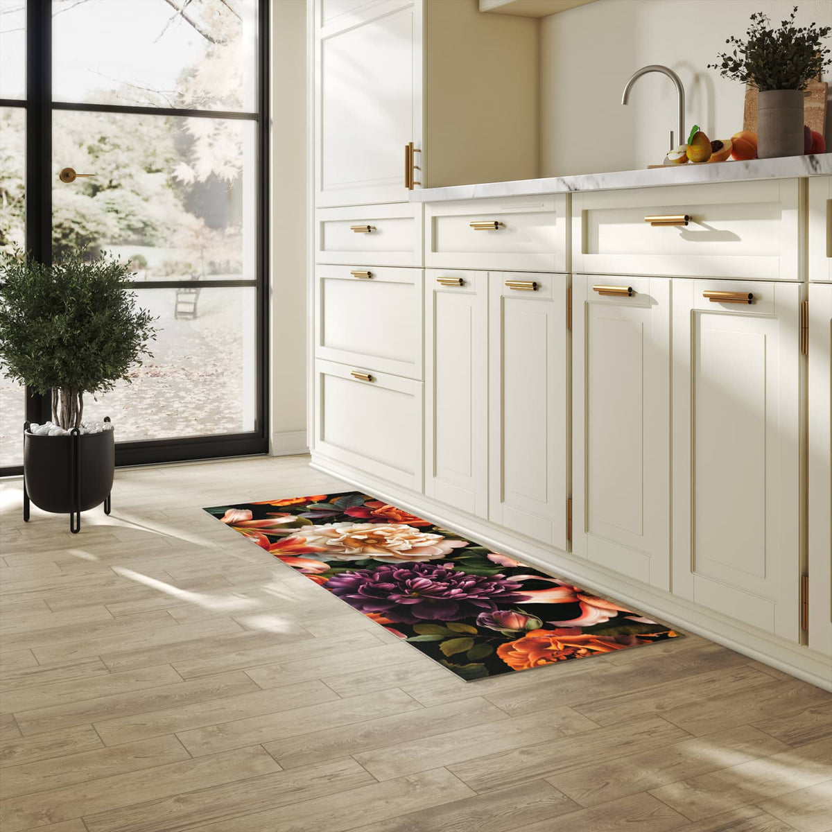 Küchenläufer mit Motiv Blumenpracht in heller Küche für sichere Aufbewahrung
