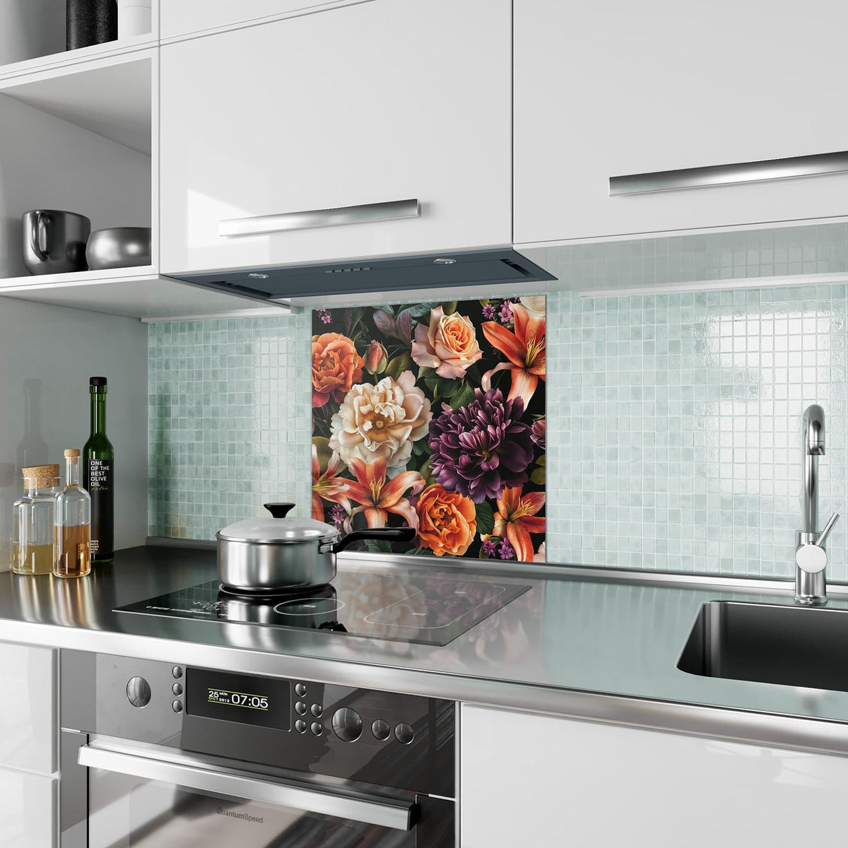 Küchenrückwand Lilien und Rosen aus Glas – Üppige Blüten auf schwarzem Grund