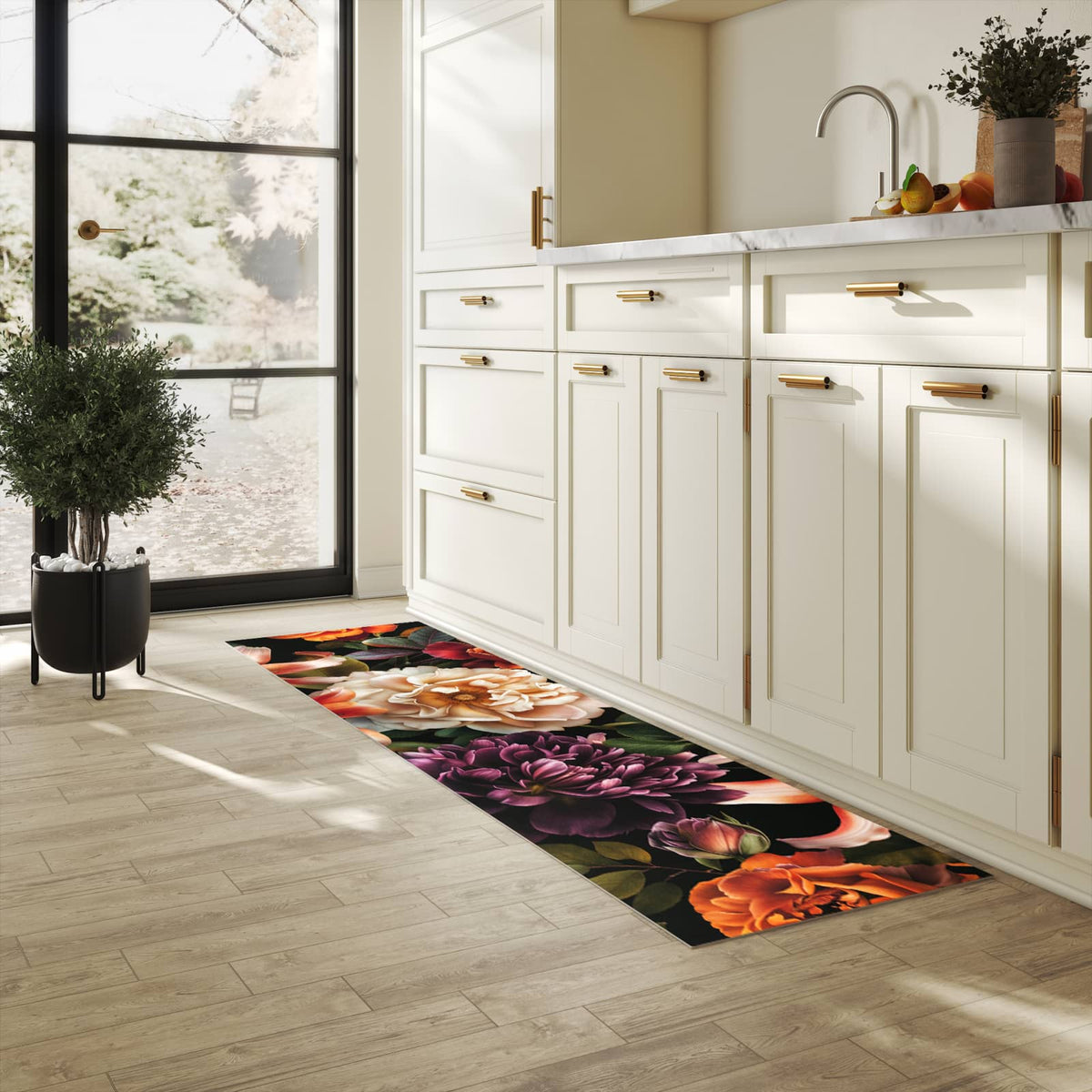 Zeitsparender Läufer Küche mit Motiv Blumenpracht in heller Küche