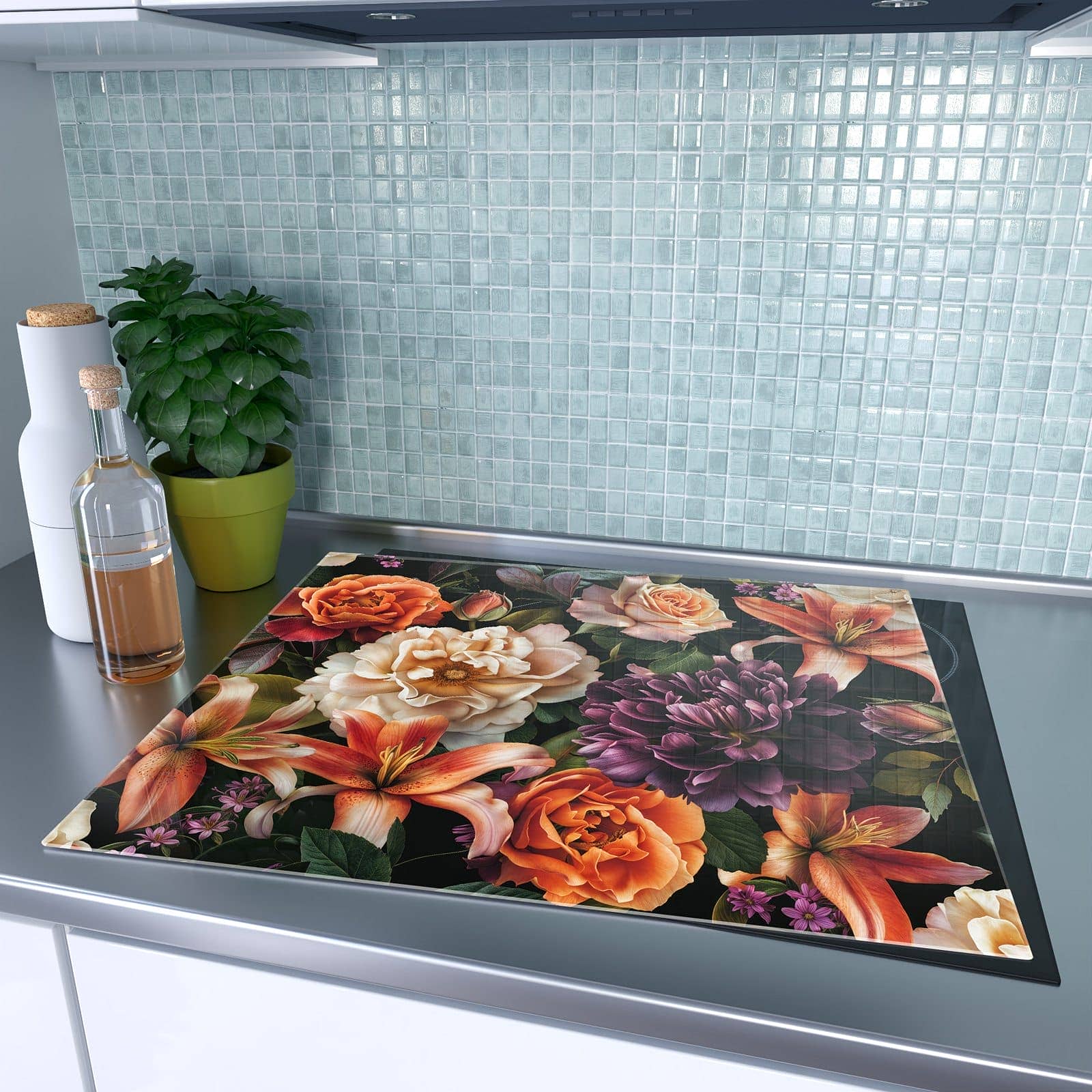 1-teilige Kochfeldabdeckung mit Blumenpracht-Motiv auf dem Ceranfeld