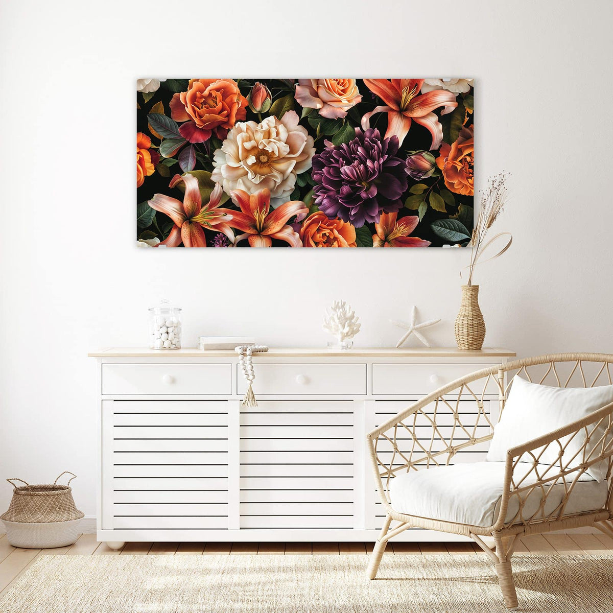 Echtglas, 4 mm – kein Acryl, keine Folie – Wandbild - Lilien und Rosen - Querformat